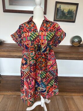 Uncle Frank Multicolor Geometric Midi Dress — Red, Green, Blue, Pink, Orange